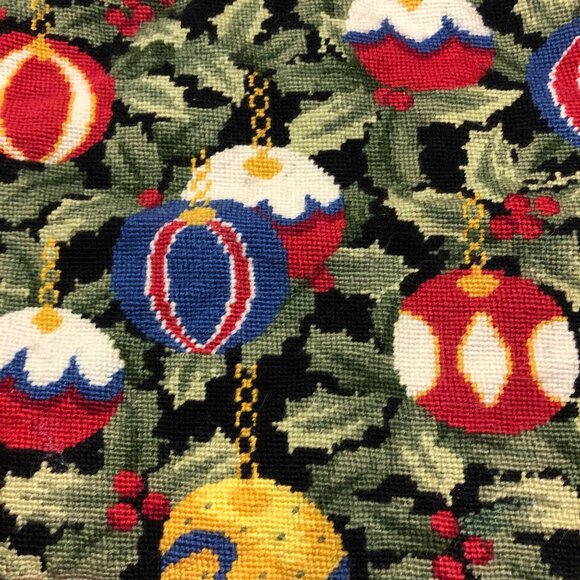 Handmade Needlepoint Christmas Pillow Cover with Ornament Design Red Velvet Back - Picture 2 of 10